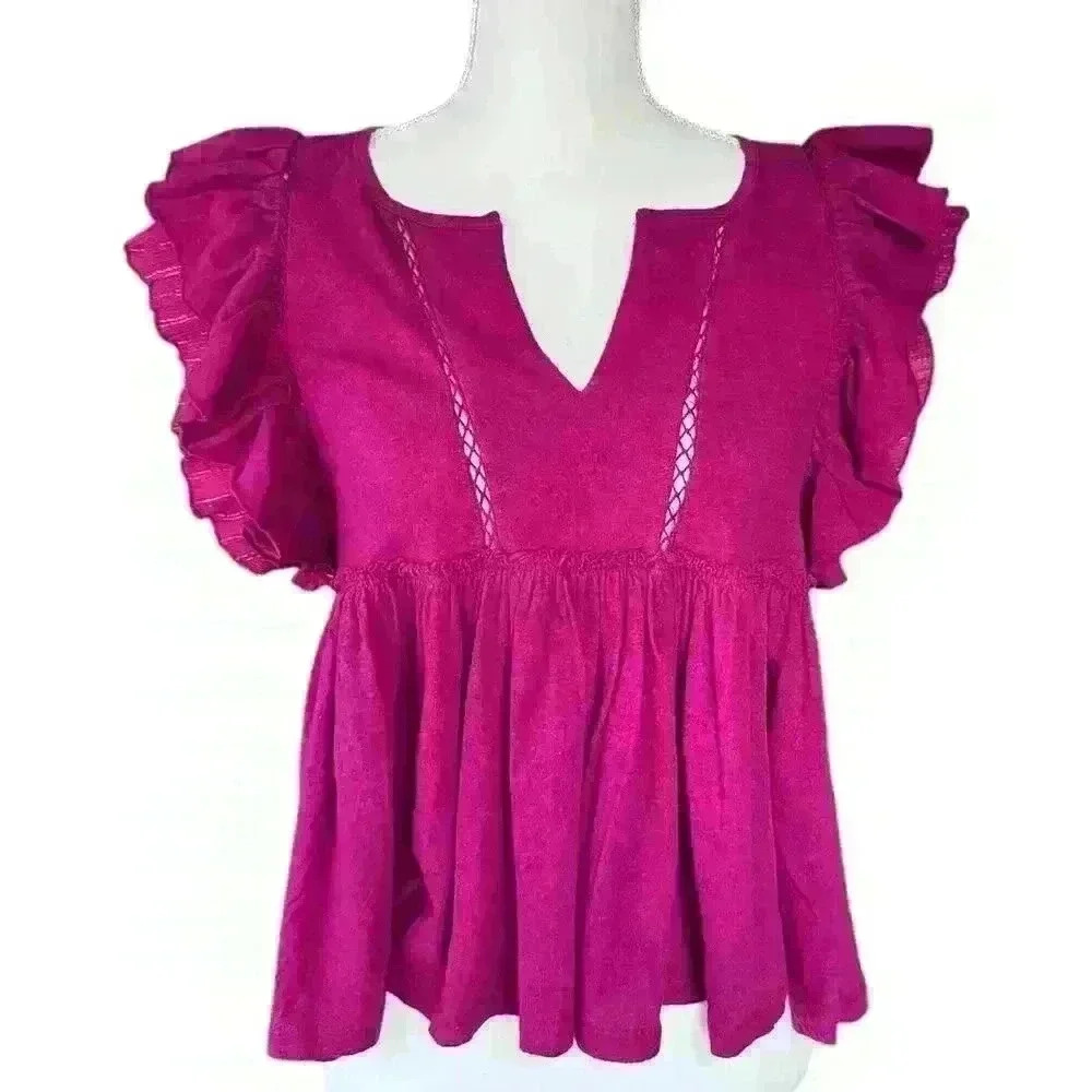 Anthropologie Caroline Ruffled Babydoll Top with Flutter Sleeve - Size XS